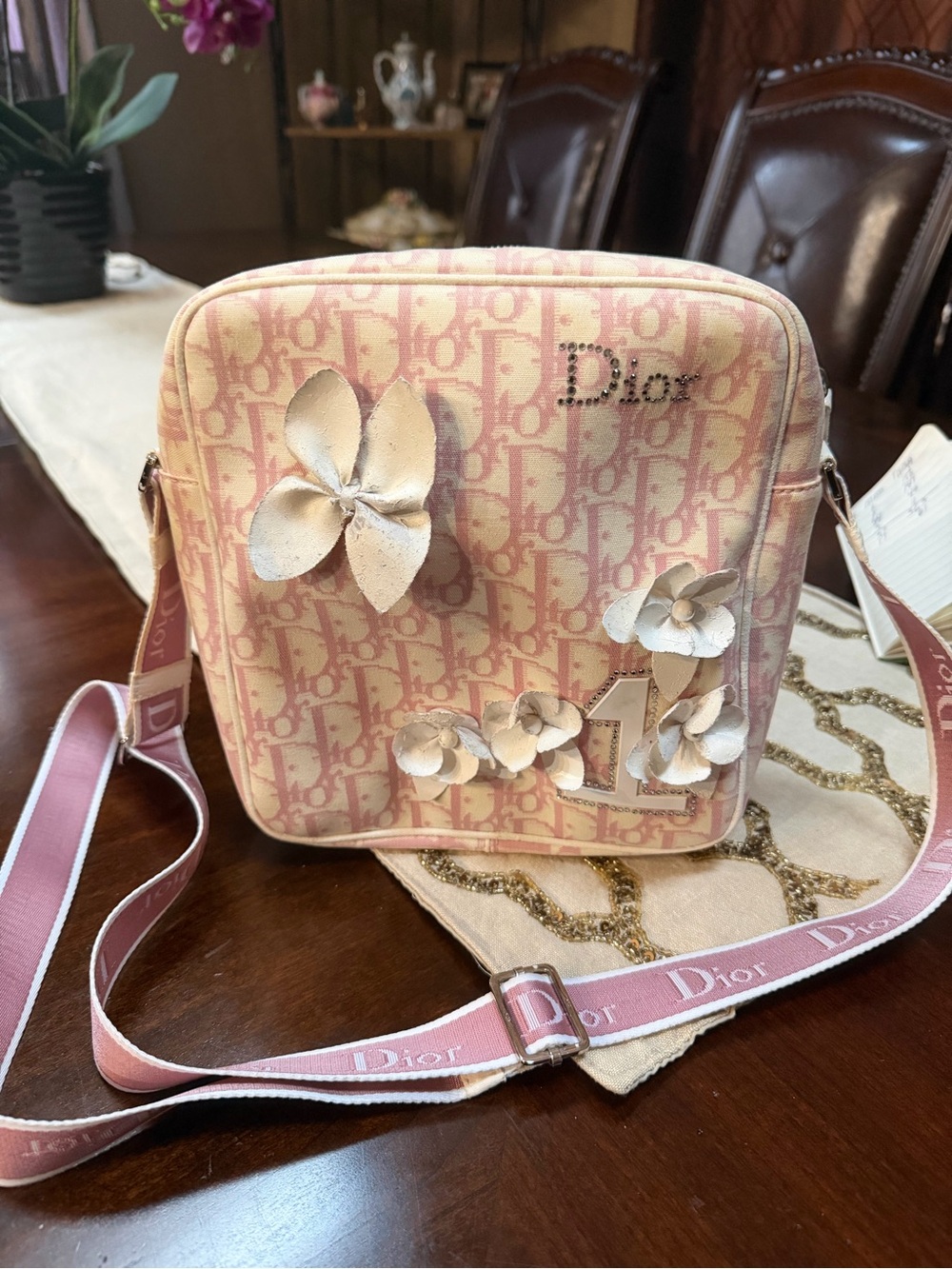 Dior Vintage Pink Oblique Floral Appliqué Crossbody Camera Bag